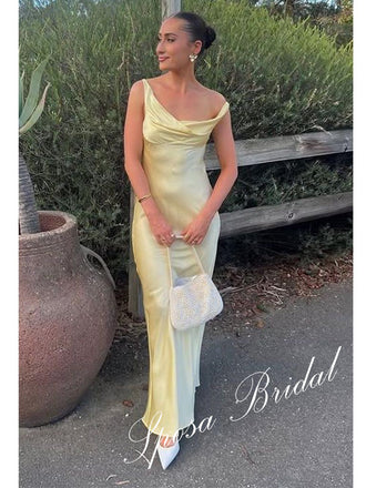 Sexy Soft Satin Asymmetrical Neck Sleeveless Mermaid Floor Length Prom Dress, PD4104