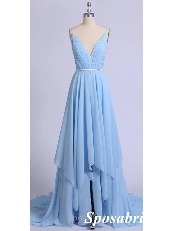 Sexy Blue Chiffon Spaghetti Straps V-Neck Sleeveless A-Line Long Prom Dresses, PD3960