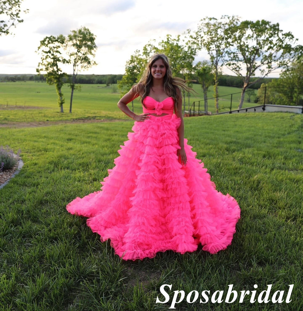 Newest Hot Pink Tulle Sweetheart V-Neck Sleeveless Side Slit A-Line Long Prom Dresses,PD3951