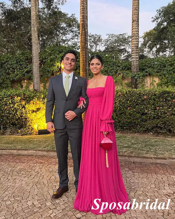 Elegant Pink Long Sleeves A-Line Long Prom Dresses, PD3886