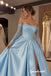 Light Blue Off Shoulder Lace Long Sleeve Satin Ballgown Prom Dress, Corset High Slit Formal Evening Gown, PD4373
