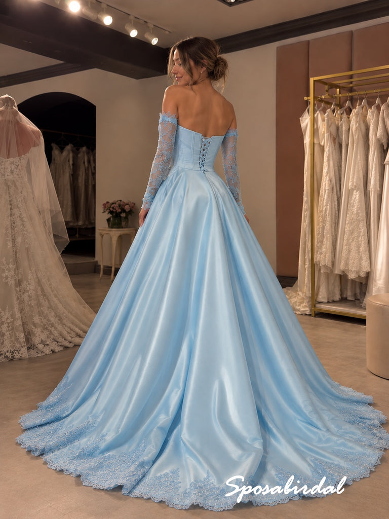 Light Blue Off Shoulder Lace Long Sleeve Satin Ballgown Prom Dress, Corset High Slit Formal Evening Gown, PD4373
