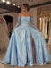 Light Blue Off Shoulder Lace Long Sleeve Satin Ballgown Prom Dress, Corset High Slit Formal Evening Gown, PD4373