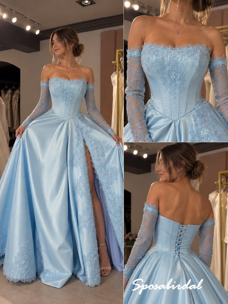 Light Blue Off Shoulder Lace Long Sleeve Satin Ballgown Prom Dress, Corset High Slit Formal Evening Gown, PD4373