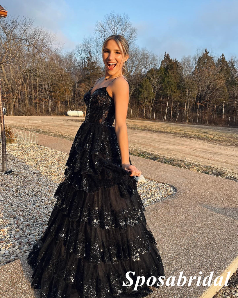 Shiny Black Spaghetti Straps V-Neck Sleeveless A-Line Long Prom Dresses,PD3952