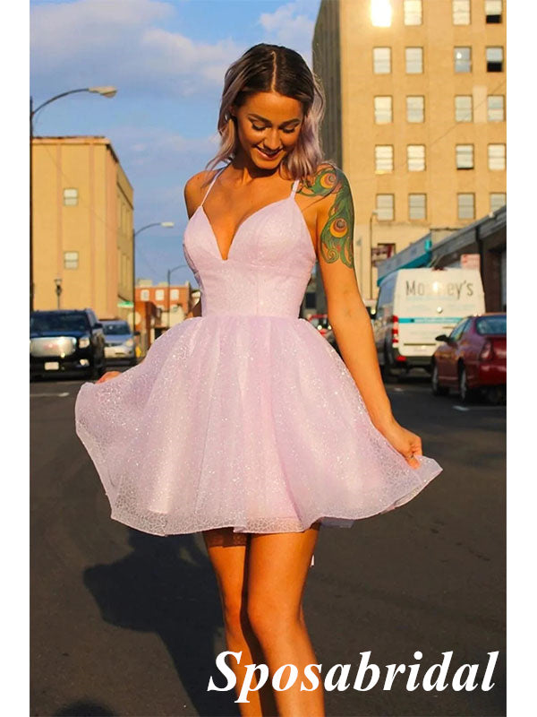 Sweety Pink Sequin Tulle Spaghetti Straps V-Neck A-line Mini Dresses/ Homecoming Dresses With Pleats, PD3550