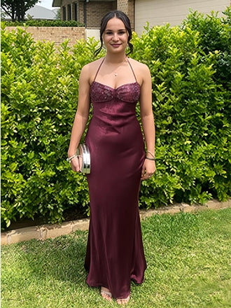 Burgundy Satin Halter Neck Mermaid Gown for Cocktail Parties & Formal Dinners, PD4195