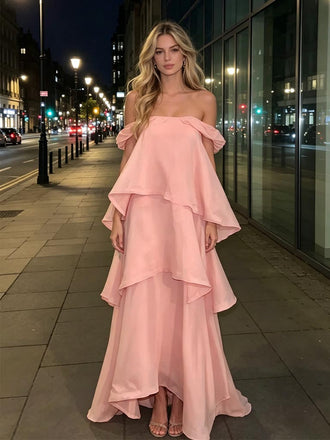Dreamy Pink Off Shoulder Tiered Maxi Dress, Elegant Formal Evening Gown for Prom & Wedding Guest, PD4233