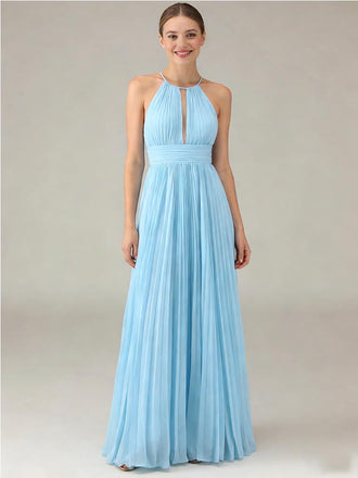 Sexy Halter Chiffon Sleeveless Floor-Length A-Line Maxi Mermaid Bridesmaid Dresses, BD3444