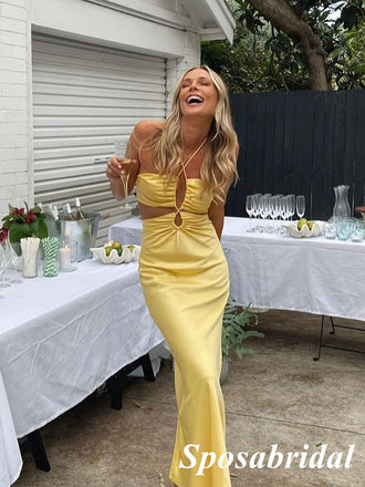 Sexy Lemon Soft Satin Halter Sleeveless Floor length Long Prom Dresses, PD3832