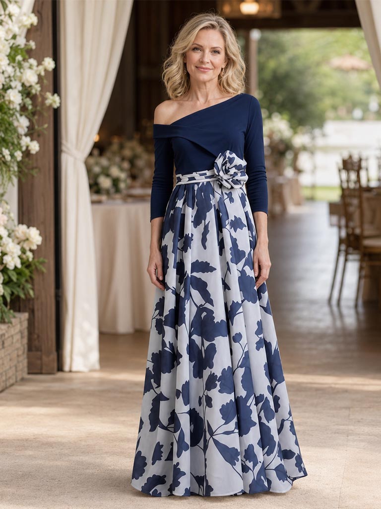 One Shoulder Navy Blue Floral Print Long Mother of the Bride Dress, SFM020