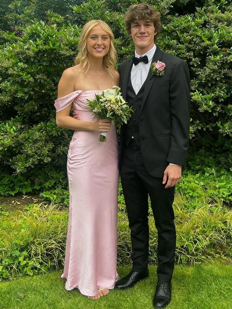 Blush Satin Off the Shoulder Mermaid Gown - Prom Dress for Graduation, PD4145