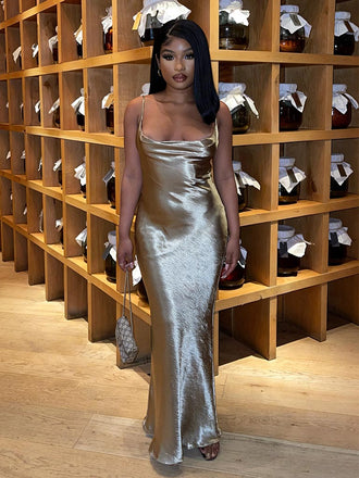 Shiny Champagne Gold Satin Cowl Slip Maxi Dress Bodycon Formal Evening Gown for Party, PD4219