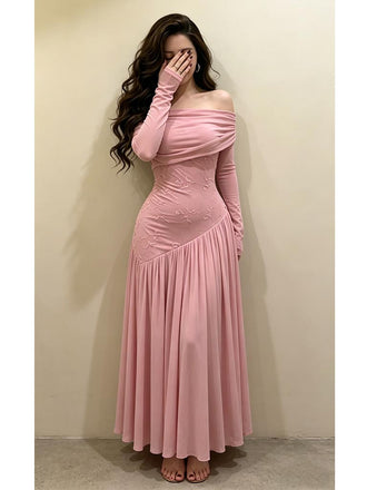 Pink Off Shoulder Long Sleeve Embroidered Prom Dress | Elegant Formal Evening Gown, PD4231