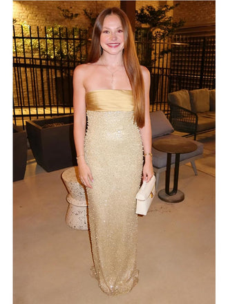 Glamorous Champagne Gold Sequin Mermaid Evening Dress | Strapless Beaded Prom Gown, PD4199