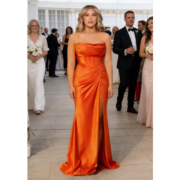 Sexy Burnt Orange Strapless Soft Satin Mermaid Bridesmaid Gown for Fall Wedding, BD3450
