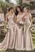 Luxury Champagne Satin Off The Shoulder Mermaid Bridesmaid Dress With Puff Short Sleeves, BD3480