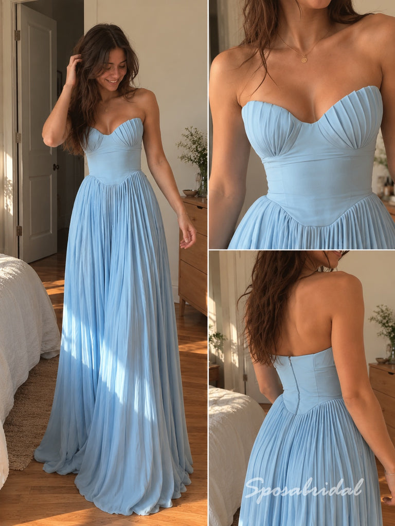 Light Blue Sweetheart Satin Chiffon Evening Dress, Strapless Pleated Bodice Floor Length A-Line Gown,PD4351