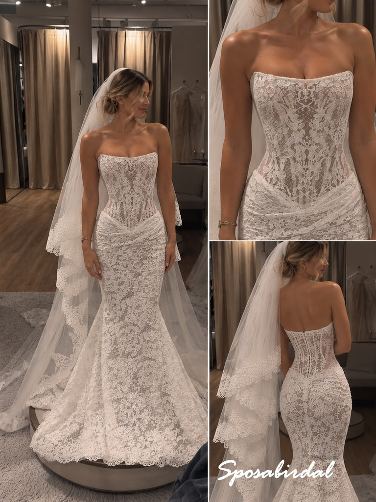 Strapless Lace Corset Mermaid Wedding Dress, Full Lace Fit and Flare Bridal Gown, WD3145