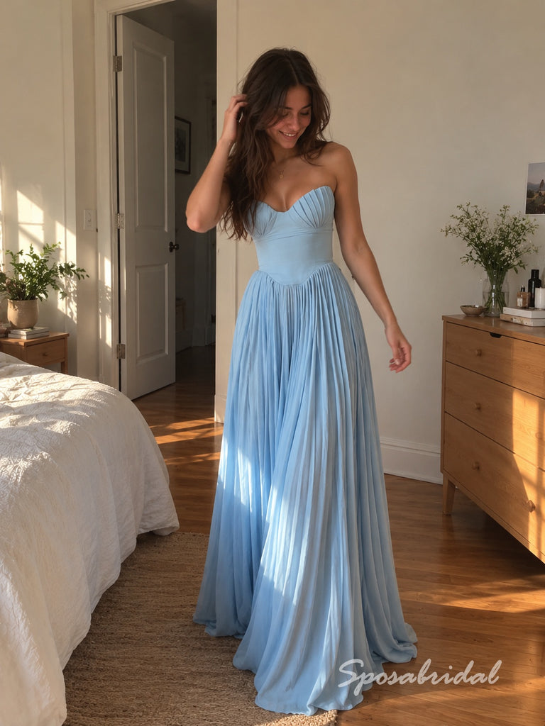 Light Blue Sweetheart Satin Chiffon Evening Dress, Strapless Pleated Bodice Floor Length A-Line Gown,PD4351