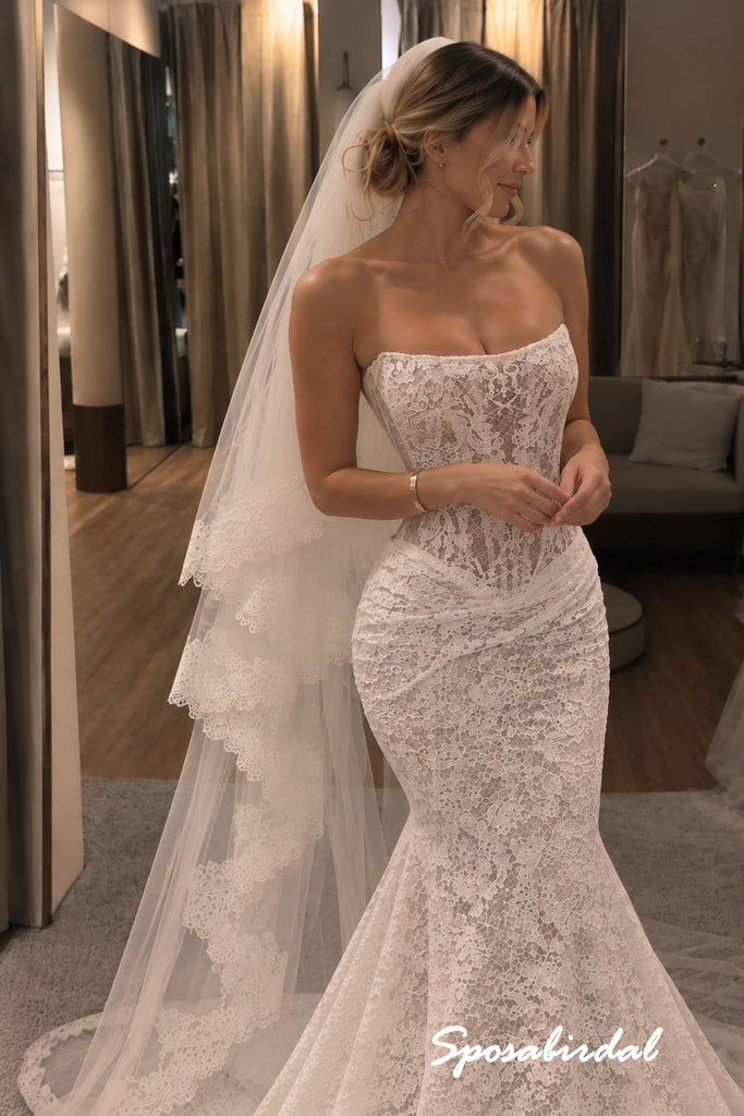Strapless Lace Corset Mermaid Wedding Dress, Full Lace Fit and Flare Bridal Gown, WD3145