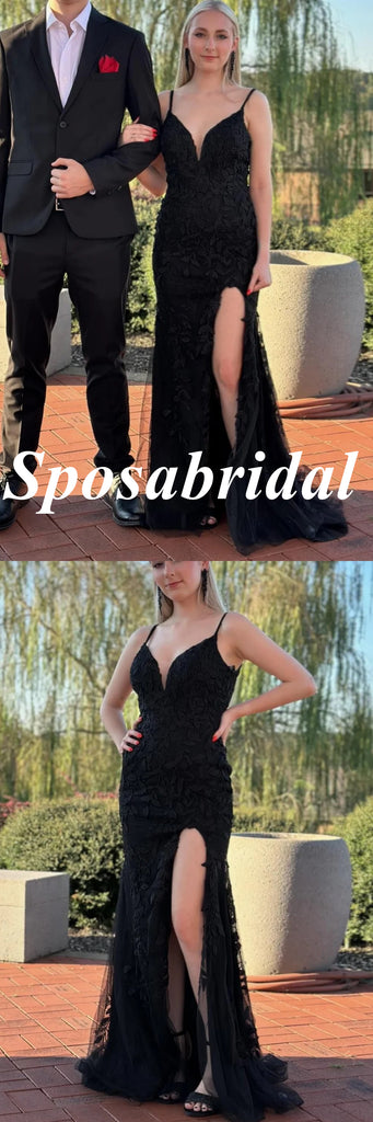 Sexy Black Tulle And Lace Spaghetti Straps V-Neck Sleeveless Side Slit Mermaid Maxi Prom Dress, PD4004