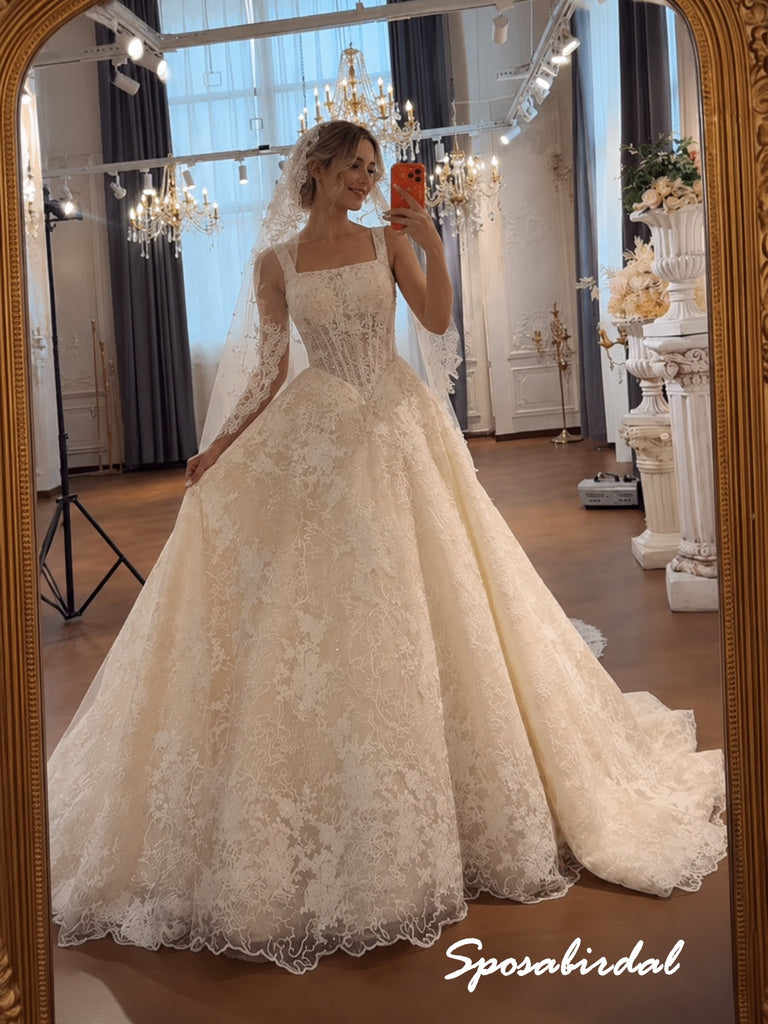Square Neck Lace Corset Ballgown Wedding Dress, Thick Strap Allover Lace Bridal Gown, WD3146