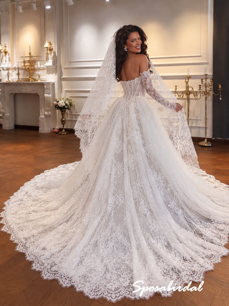 Off The Shoulder Long Sleeve Lace Corset Ballgown Wedding Dress, Sweetheart Lace Bridal Gown, WD3147