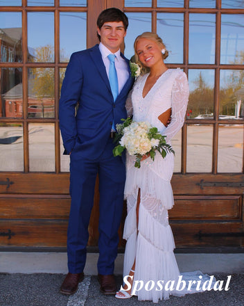 Sexy V-Neck Long Sleeves Open Back Side Slit Mermaid Long Prom Dresses, PD3936