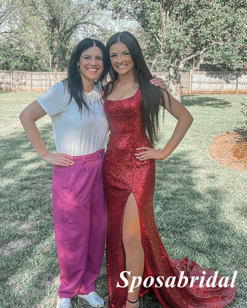 Sparkly Sequin Spaghetti Straps Sleeveless Side Slit Mermaid Long Prom Dresses, PD3845