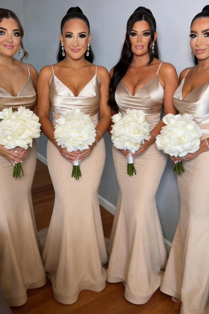 Sexy Spaghetti Straps Sleeveless Floor-Length Mermaid Crepe Maxi Mermaid Bridesmaid Dresses, BD3408