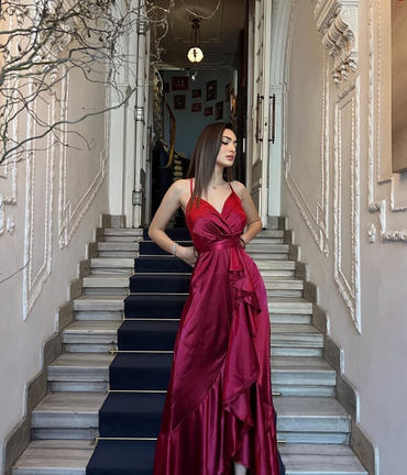 Sexy Elastic Satin Spaghetti Straps V-Neck A-Line Long Prom Dresses With Split, PD3774