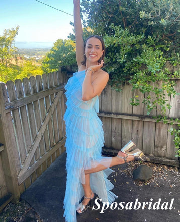 Sexy Blue Tulle Halter Sleeveless Mermaid Long Prom Dresses With Split, PD3838