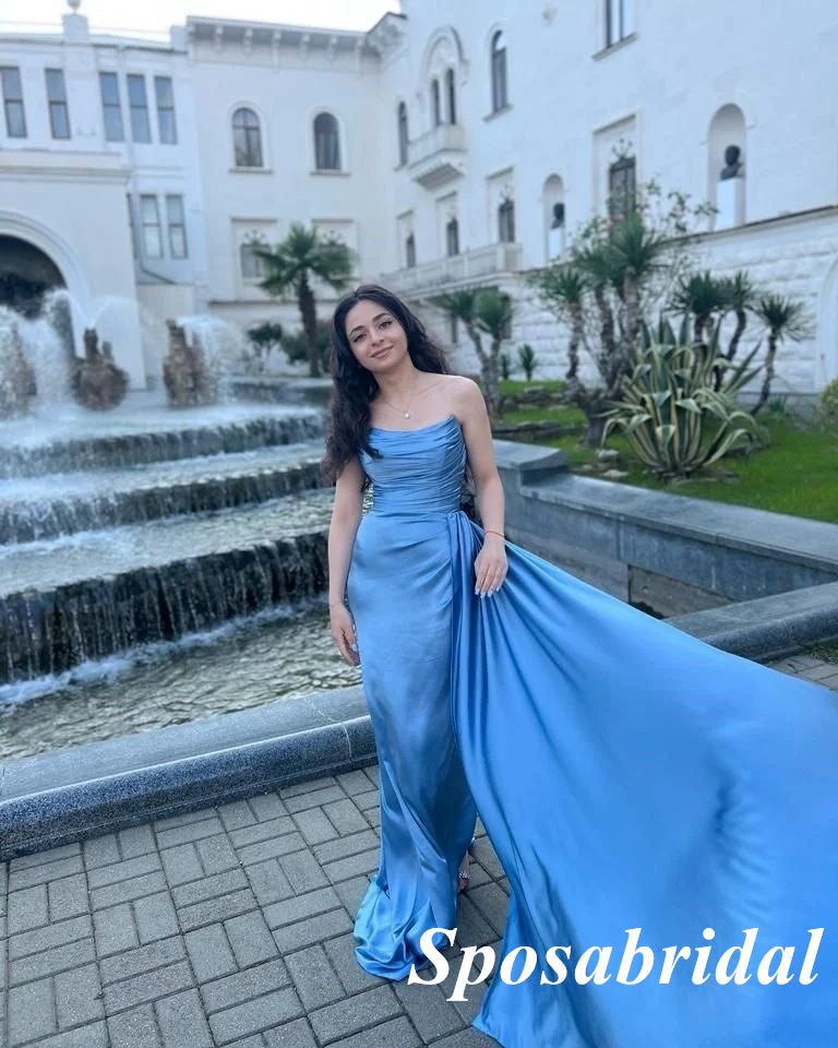 Sexy Blue Soft Satin Sweetheart Mermaid Prom Dresses With Train, PD3862