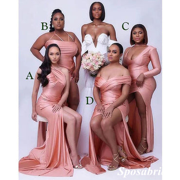 Sexy Soft Satin Mismatched Side Slit Mermaid Floor Length Bridesmaid Dress, BD3291