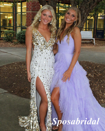 Sexy Tulle Spaghetti Straps V-Neck Sleeveless Open Back Side Slit Mermaid Long Prom Dresses, PD3935