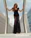 Shiny Black Sequin Lace Spaghetti Straps V-Neck Sleeveless Mermaid Long Prom Dresses, PD3928