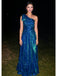 Teal One Shoulder A-Line Evening Gown with Shimmering Fabric, PD4150