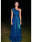 Teal One Shoulder A-Line Evening Gown with Shimmering Fabric, PD4150