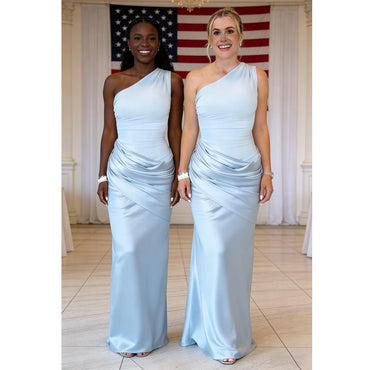 Elegant Light Blue One Shoulder Soft Satin Mermaid Bridesmaid Gown for Wedding, BD3449