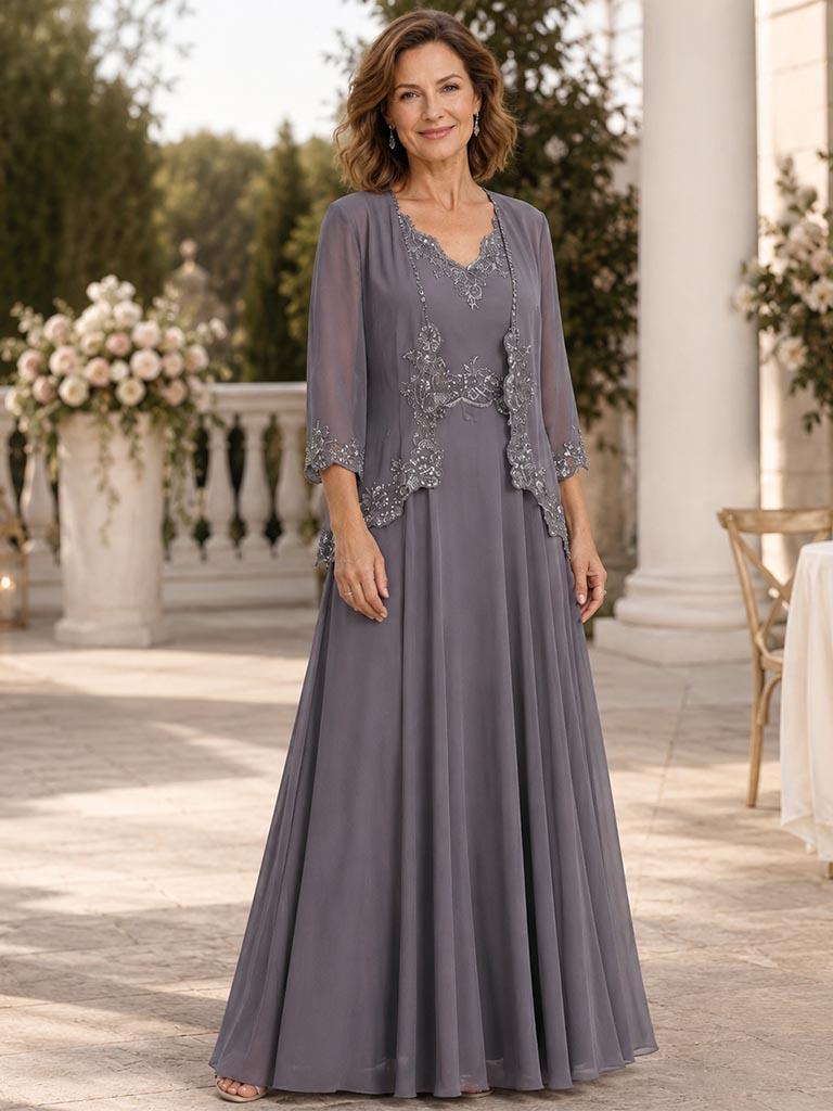 Lace Applique Grey Chiffon Two Piece Mother of the Bride Dress, SFM021