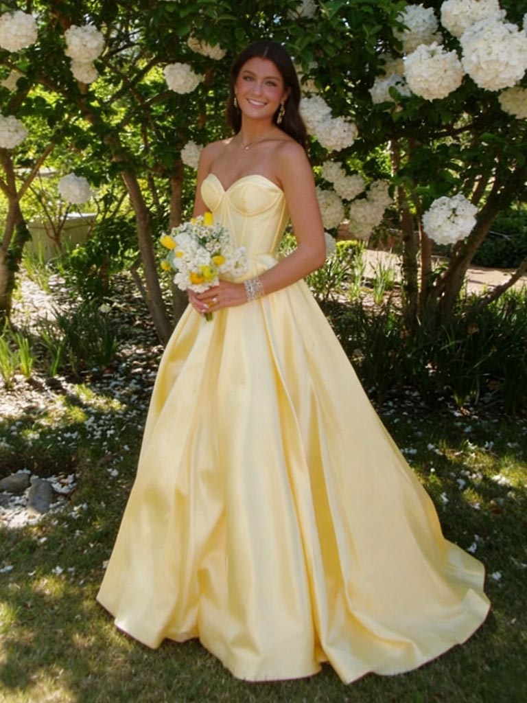 Yellow Strapless Satin Ball Gown Prom Dress - Princess Formal Evening Quinceanera Gown, PD4168
