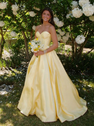 Yellow Strapless Satin Ball Gown Prom Dress - Princess Formal Evening Quinceanera Gown, PD4168