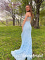 Sexy Blue Tulle And Lace Spaghetti Straps Sleeveless Side Slit Mermaid Long Prom Dresses, PD3942
