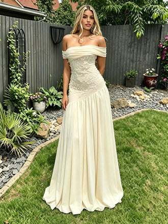 Elegant Off Shoulder Chiffon Lace A-Line Formal Dress Bridal Gown, PD4239