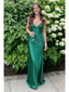 Emerald Green Satin V-Neck Lace Mermaid Maxi Dress Sexy Formal Party Gown, PD4141