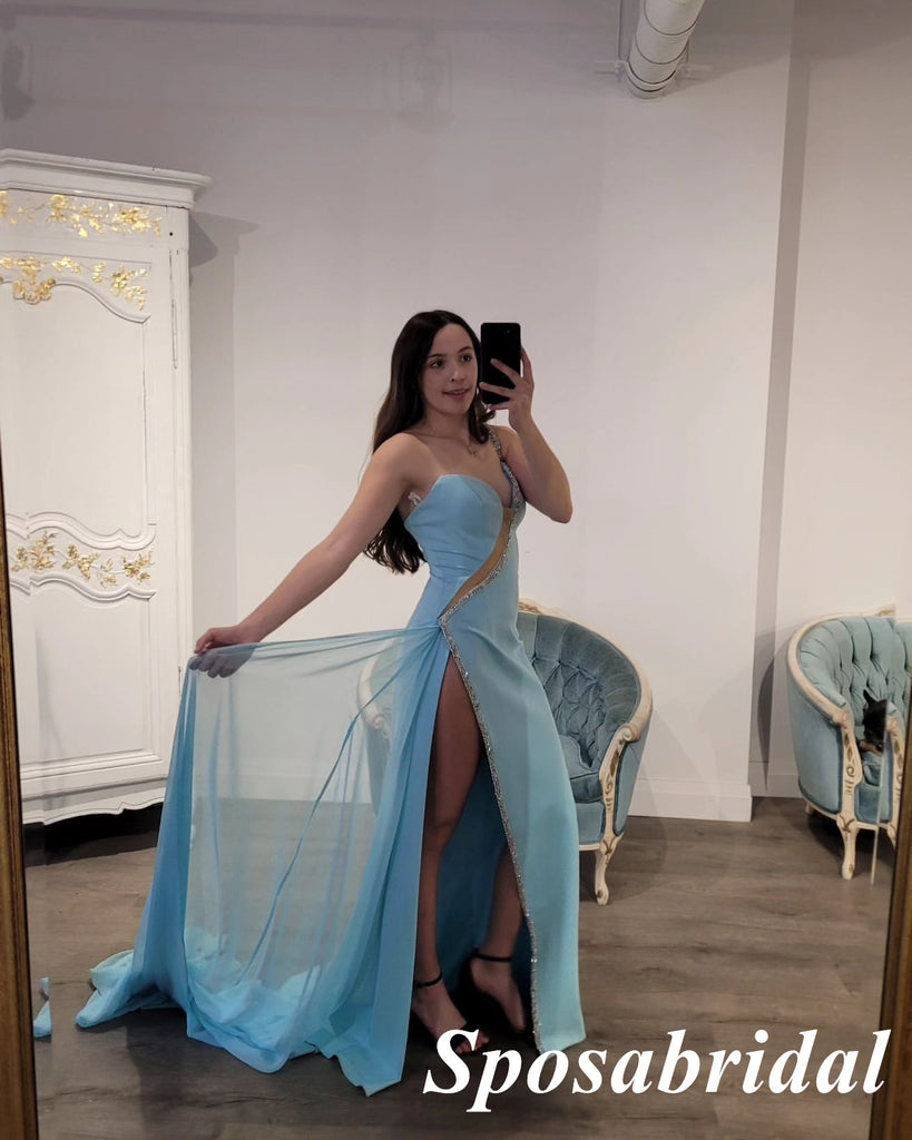 Sexy One Shoulder Sleeveless Side Slit Mermaid Floor Length Long Prom Dresses, PD3983