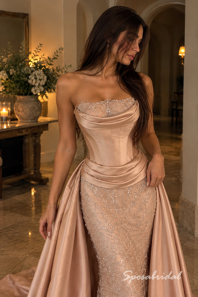 Blush Sweetheart Soft Satin Evening Dress, Strapless Beaded Corset Floor Length Mermaid Gown with Detachable Skirt,PD4353