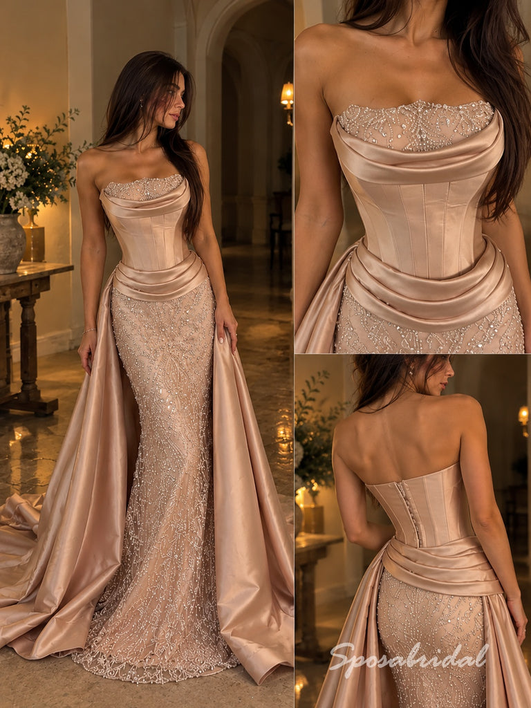 Blush Sweetheart Soft Satin Evening Dress, Strapless Beaded Corset Floor Length Mermaid Gown with Detachable Skirt,PD4353