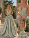 Sage Green Sweetheart Soft Satin Evening Dress, Strapless Bow Corset Floor Length A-Line Gown,PD4354